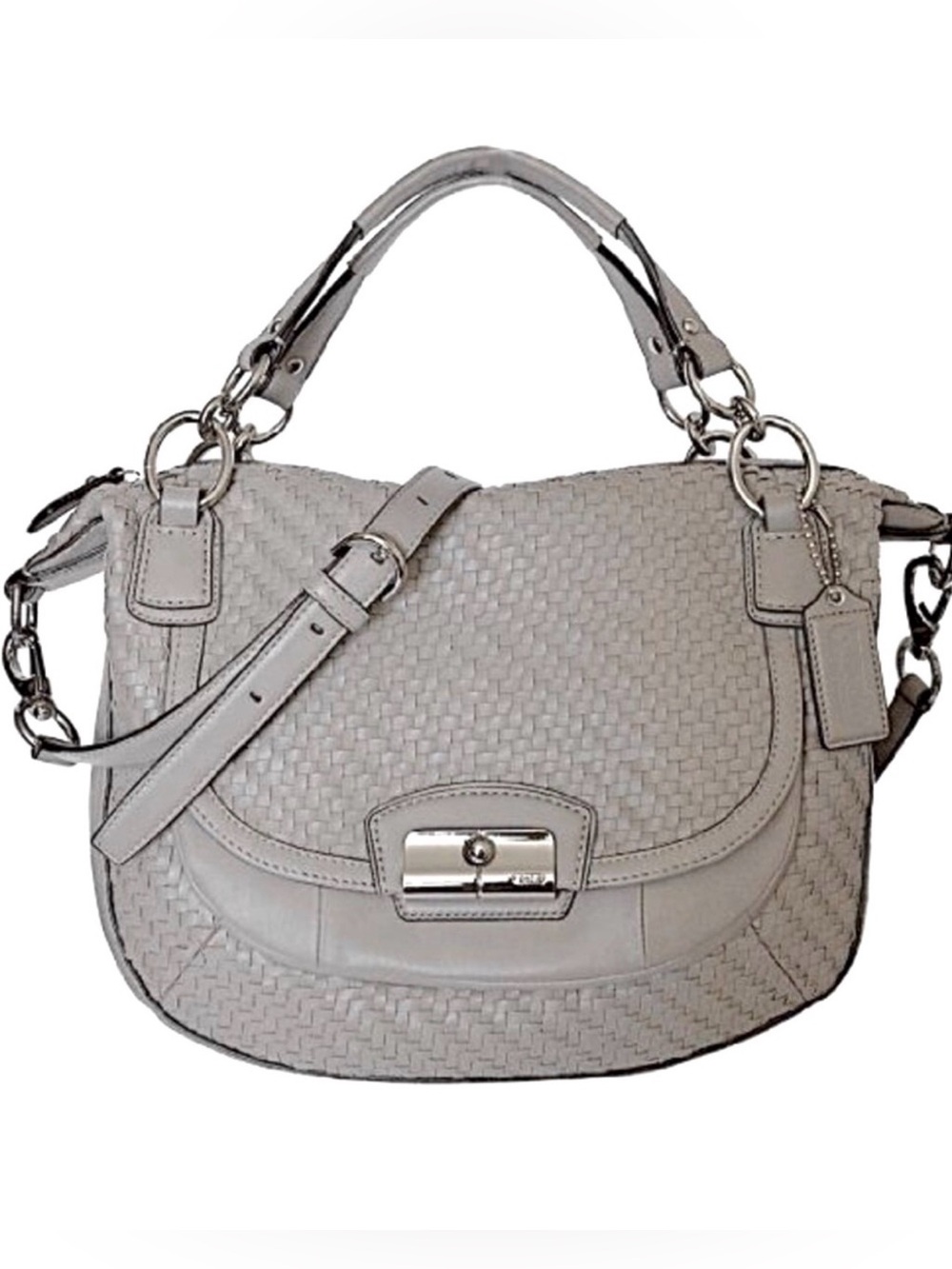 Coach Light Gray Woven Leather Crossbody Satchel